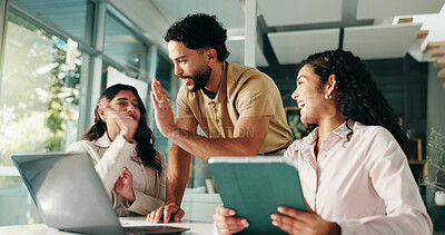 Buy stock photo Group, happy business people and high five for success, celebration and finish project with tablet. Workers, team and victory with laptop in office for reward, collaboration and target achievement