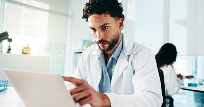 Buy stock photo Laptop, scientist and man in laboratory for exam, medicine development and chemistry. Computer, science and serious medical worker with innovation for pharma experiment, healthcare study and research