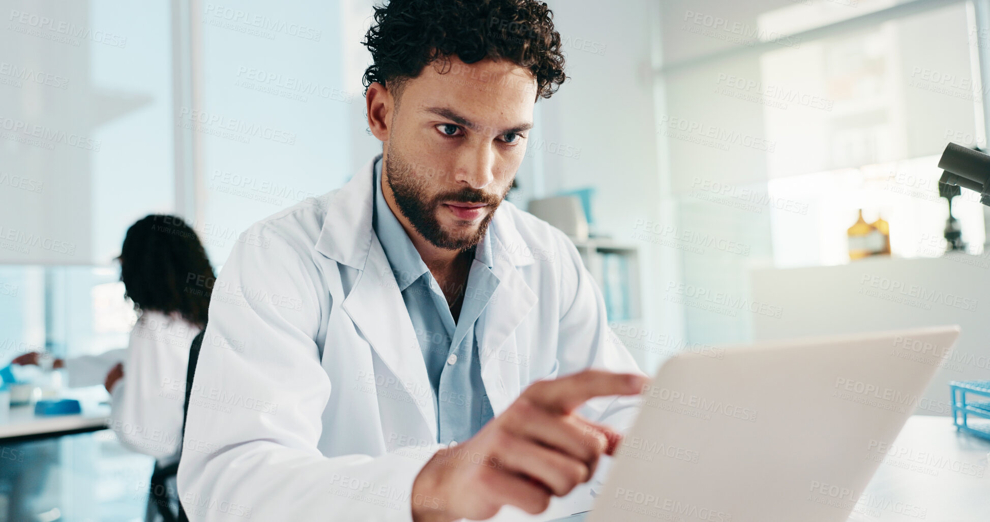 Buy stock photo Science, research and man in lab, tablet and connection with experiment, breakthrough and results. Person, scientists and employee with biotech, medical report and studying for vaccine development