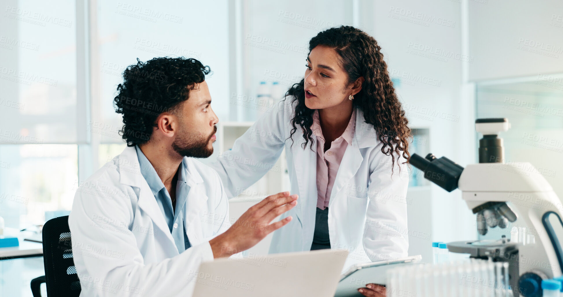 Buy stock photo Woman, man and team with science, discussion and collaboration for medical research at laboratory. People, laptop and planning for pharmaceutical project with solution, problem solving and insight