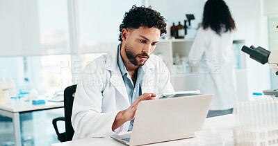 Buy stock photo Tablet, scientist and man in laboratory for research, medicine development and chemistry. Technology, science and serious medical worker with innovation for experiment, healthcare study and test