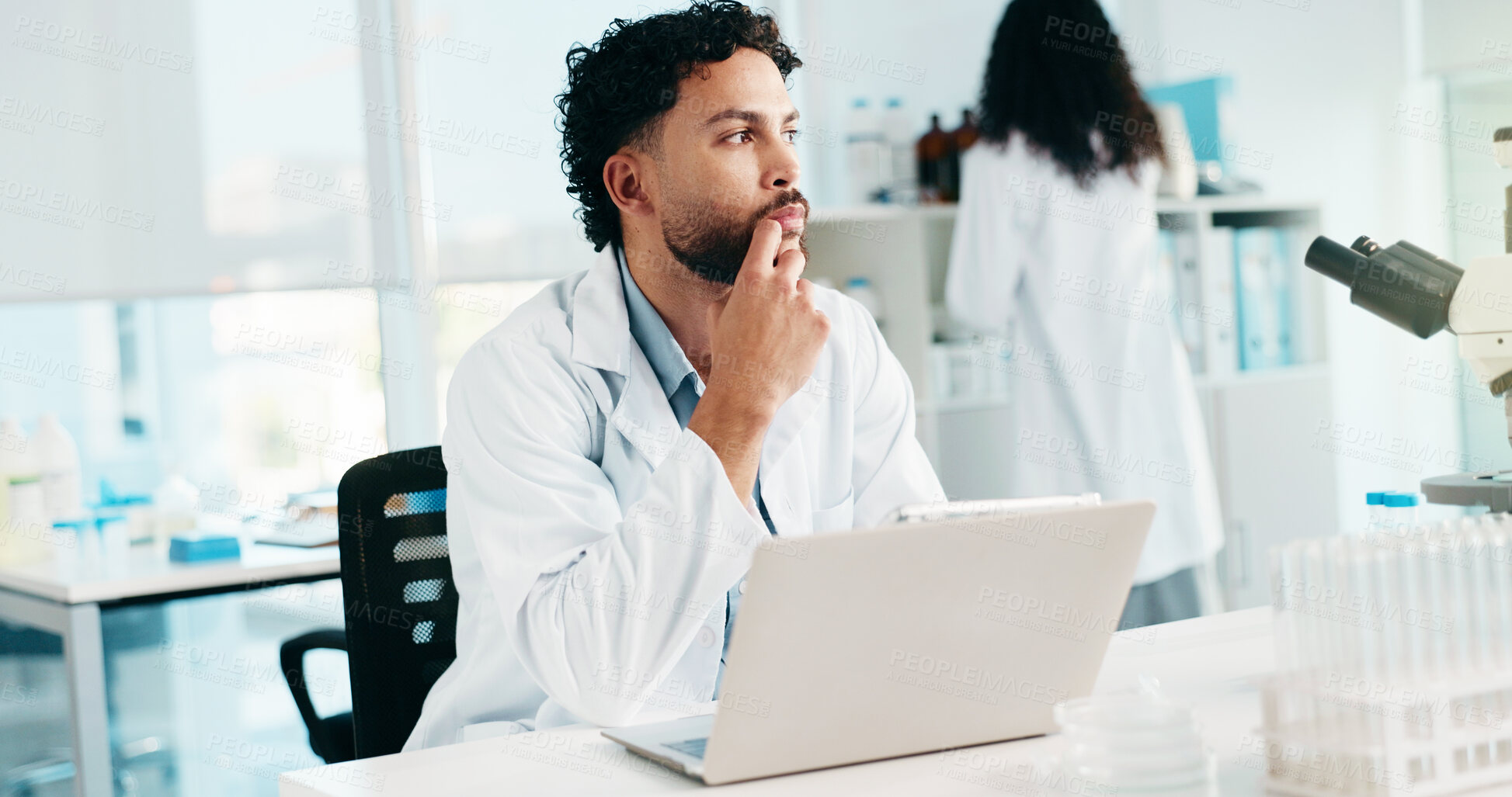 Buy stock photo Tablet, scientist thinking or man in laboratory for research, vaccine development or chemistry idea. Problem solving, science and serious medical worker with experiment tech, insight or brainstorming