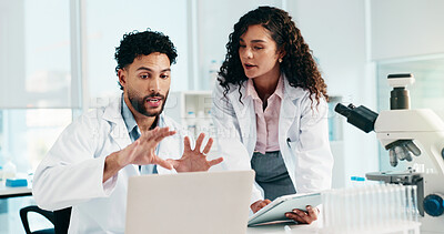 Buy stock photo Woman, man and science with laptop, discussion or review for medical research at laboratory. People, team and computer for feedback, pharmaceutical project or insight with assessment for breakthrough