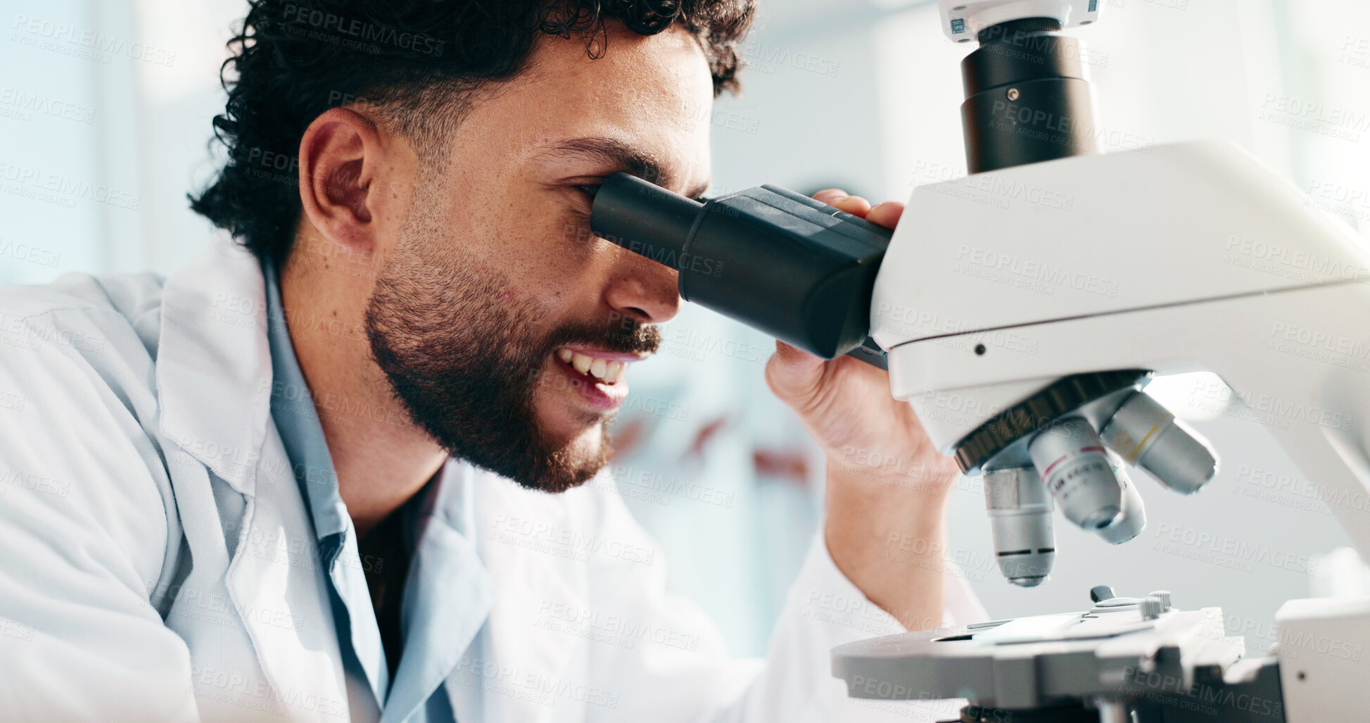 Buy stock photo Lab, scientist and man with microscope, study and analysis for drug development or cure for disease. Clinic, medical professional and person with tech for healthcare, pharmacologist and biotechnology
