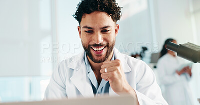 Buy stock photo Laptop, fist pump and scientist in laboratory with medical research, project or study for innovation. Good news, science and biologist with computer for online pharmaceutical analysis with report.