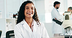 Scientist, woman and happy with portrait in lab for medical research, pharma study and innovation. Science, drug trial and employee with smile for vaccine development, clinical experiment and pride