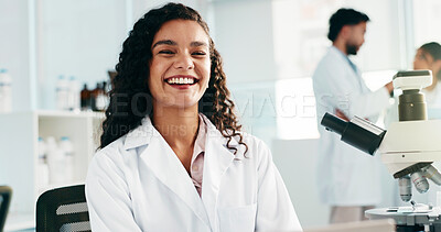 Buy stock photo Scientist, woman and happy with portrait in lab for medical research, pharma study and innovation. Science, drug trial and employee with smile for vaccine development, clinical experiment and pride