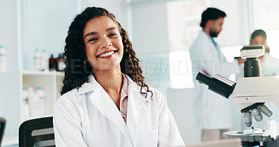 Buy stock photo Scientist, woman and smile with portrait in lab for medical research, sample study and innovation. Science, drug trial and person with microscope for vaccine development, clinical experiment or pride