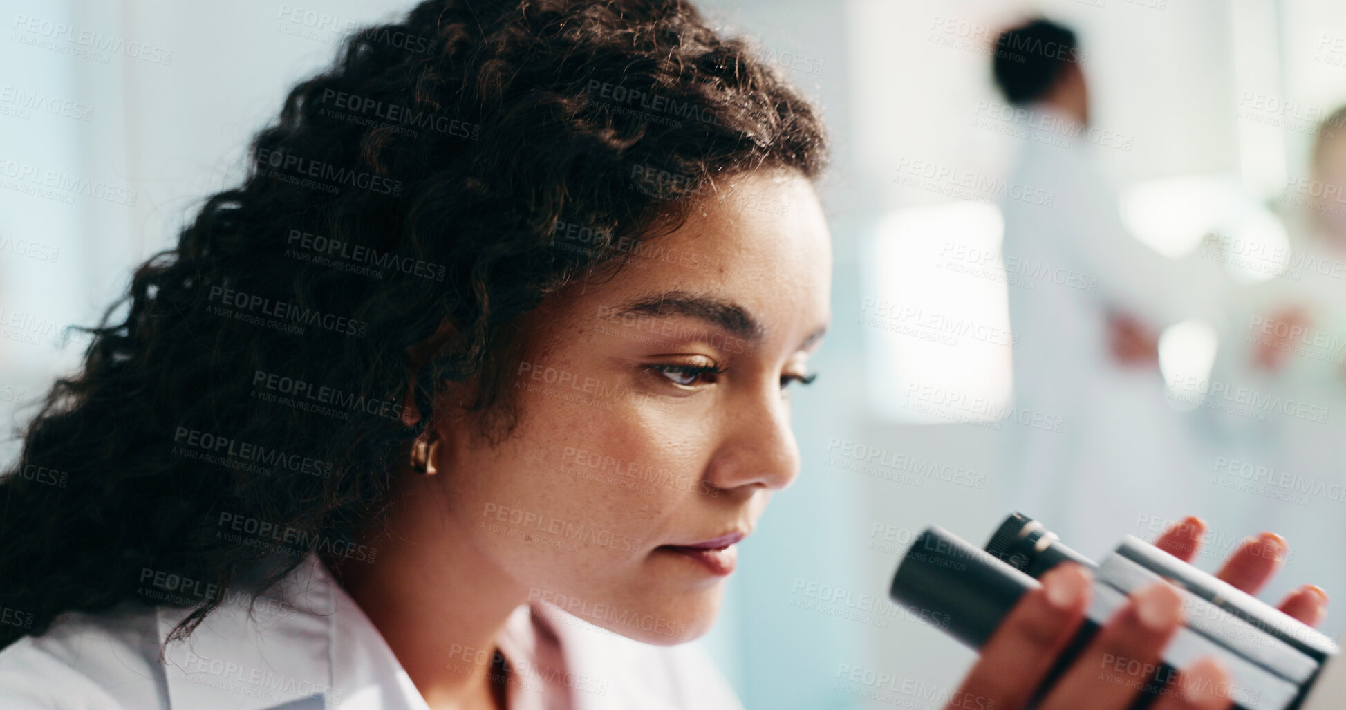 Buy stock photo Woman, scientist and microscope for medical study, research or forensic science at laboratory. Female person, healthcare worker or exam with microorganisms for new discovery, analysis or test results