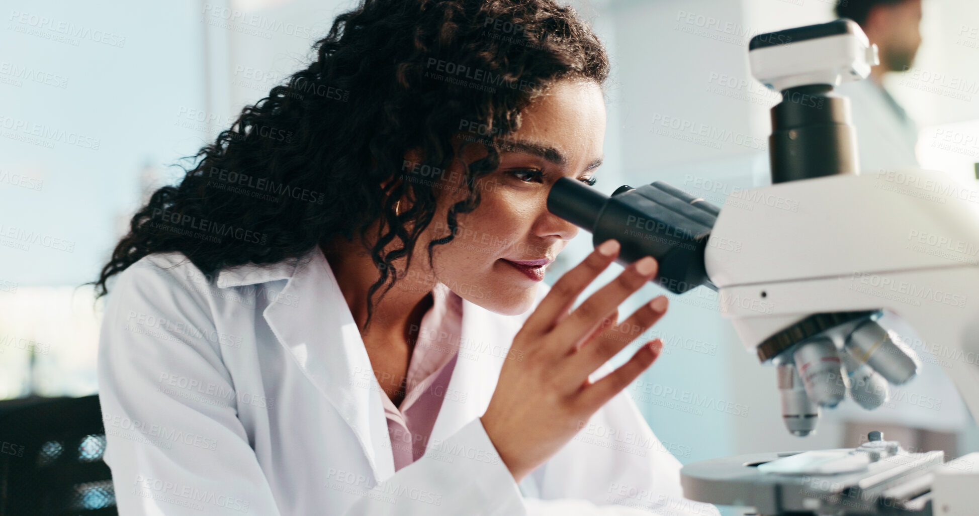 Buy stock photo Microscope, woman and scientist in laboratory for medical research, study or analysis for breakthrough. Science, biotechnology and female biologist with pharmaceutical investigation for innovation.