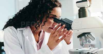 Buy stock photo Microscope, woman and scientist in laboratory for research, study or analysis for medical breakthrough. Science, biotechnology and female biologist with pharmaceutical investigation for innovation.