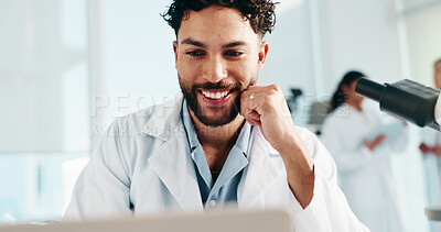 Buy stock photo Laptop, man and scientist in laboratory with medical research, project or study for innovation. Happy, science and male biotechnologist with computer for online pharmaceutical analysis with report.