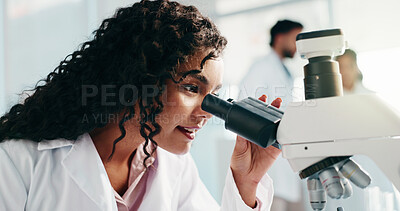 Buy stock photo Happy woman, scientist and microscope for medical research or forensic science at laboratory. Female person, healthcare worker or exam with smile for new study, results or breakthrough discovery