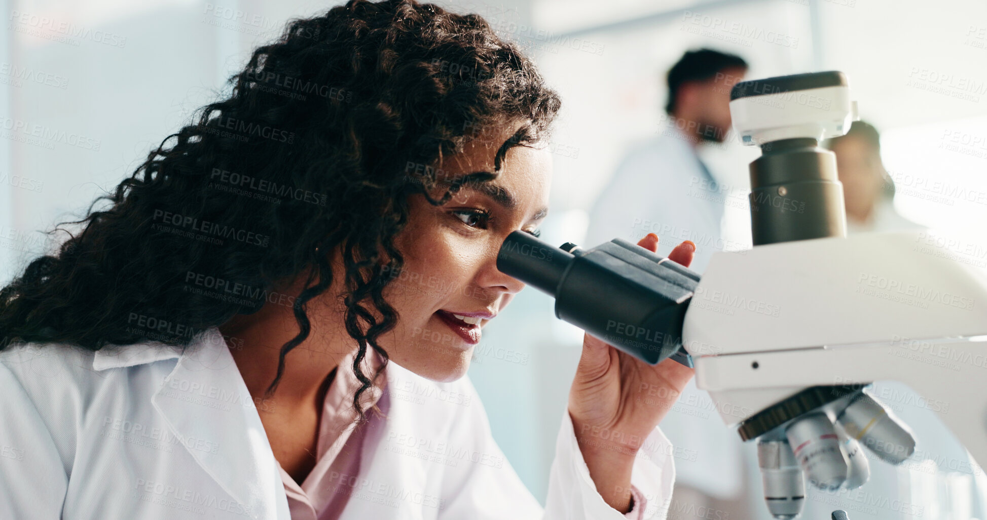 Buy stock photo Happy woman, scientist and microscope for medical research or forensic science at laboratory. Female person, healthcare worker or exam with smile for new study, results or breakthrough discovery