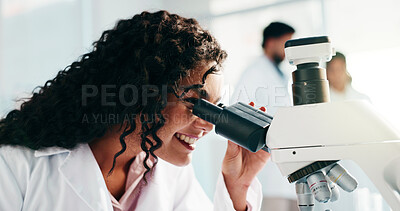 Buy stock photo Lab, scientist and woman with microscope, healthcare and equipment for drug development or analysis. Clinic, medical professional and person with tech for biotechnology, smile or research for disease