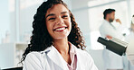 Smile, woman and portrait of scientist in laboratory for medical research, project or study. Laptop, happy and female microbiologist with computer for pharmaceutical innovation in science facility.