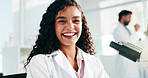 Excited, woman and portrait of scientist in laboratory for medical research, project or study. Laptop, happy and female microbiologist with computer for pharmaceutical innovation in science facility.