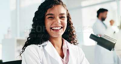 Buy stock photo Excited, woman and portrait of scientist in laboratory for medical research, project or study. Microscope, happy and microbiologist with equipment for pharmaceutical innovation in science facility.