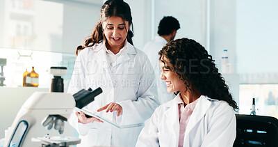 Buy stock photo Woman, scientist and team with tablet, talk and review for medical research at laboratory. People, application and feedback for pharma project with collaboration, innovation and smile for results