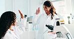Scientist, women and high five with tablet in lab for experiment success, research results or goals. Science, teamwork and celebration for medical innovation and breakthrough for cancer immunotherapy