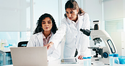 Buy stock photo Woman, scientist and team with laptop, review and collaboration for medical research at laboratory. People, computer and feedback for pharmaceutical project with point, innovation and perspective