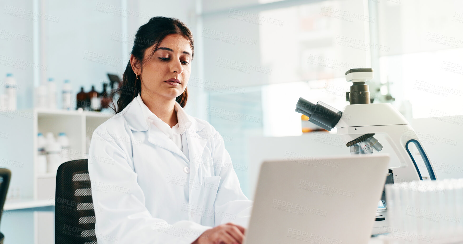 Buy stock photo Laptop, scientist and woman in laboratory for research, forensic analysis and DNA test. Computer, science and serious medical worker typing email for investigation, chemistry and toxicology report