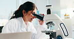 Lab, scientist and woman with microscope, analysis and equipment for drug development or healthcare. Clinic, medical professional and person with tech for biotechnology, smile and cure for disease