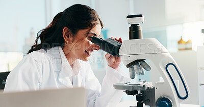 Buy stock photo Lab, scientist and woman with microscope, analysis and equipment for drug development or healthcare. Clinic, medical professional and person with tech for biotechnology, smile and cure for disease