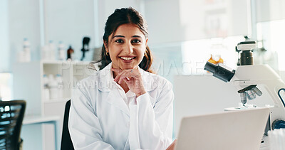 Buy stock photo Happy, woman and portrait of scientist in laboratory for medical research, project or study. Laptop, smile and female microbiologist with computer for pharmaceutical innovation in science facility.