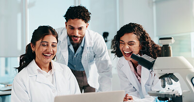 Buy stock photo Laptop, science and laughing with people in laboratory for Medical, gene therapy and research. Healthcare, stem cell innovation and organ growth study with group for collaboration and results