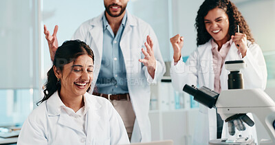 Buy stock photo Woman, team and applause with science, breakthrough and happy with support for medical research. People, group and cheers with celebration, goals and achievement with pharma project at laboratory