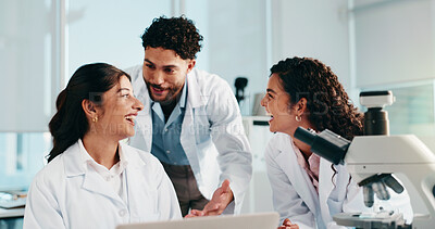 Buy stock photo Laptop, medical and laughing with people in laboratory for science, gene therapy and research. Healthcare, stem cell innovation and organ growth study with group for collaboration and results