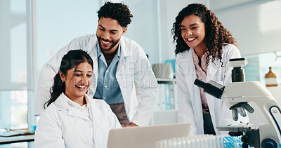 Buy stock photo Laptop, research and teamwork with people in laboratory for science, gene therapy and medical. Healthcare, stem cell innovation and organ growth study with group for collaboration and results