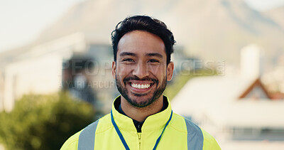 Buy stock photo Happy, man and portrait of construction worker on site in city for building, renovation or repairs. Smile, industry and male civil engineer with project management for maintenance in urban town.