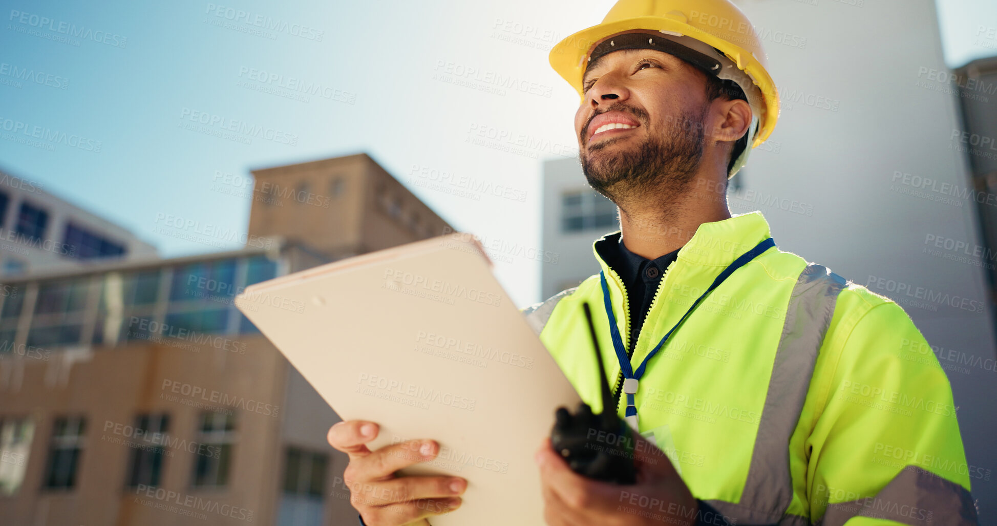 Buy stock photo Happy man, contractor and city with folder for construction, building or industrial project design. Male person, architect or civil engineer with smile, document or permit below for architecture site