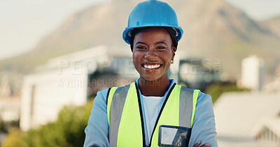 Buy stock photo Smile, black woman and portrait of construction worker on site in city for building, renovation or repairs. Happy, industry and female civil engineer with project management for maintenance in town.