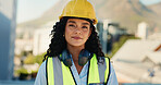Happy, woman and portrait of construction worker on site in city for building, renovation or repairs. Smile, industry and female civil engineer with project management for maintenance in urban town.