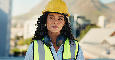 Buy stock photo Happy, woman and portrait of construction worker on site in city for building, renovation or repairs. Smile, industry and female civil engineer with project management for maintenance in urban town.