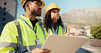 Brainstorming, people or contractor at construction site with floor plan for architecture project. Blueprint, engineering or builder in city planning for installation, teamwork or renovation ideas