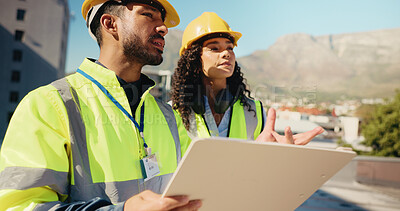 Buy stock photo Brainstorming, woman or contractor at construction site with floor plan for architecture project. Blueprint, engineering or builder in city planning for installation, teamwork or renovation ideas