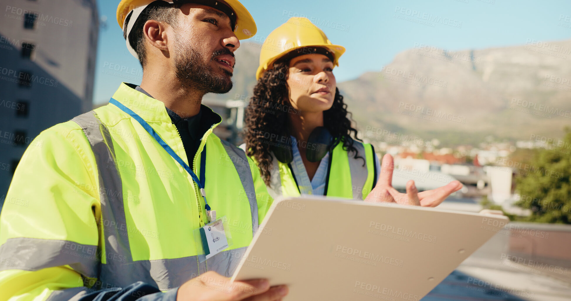 Buy stock photo Brainstorming, woman or contractor at construction site with floor plan for architecture project. Blueprint, engineering or builder in city planning for installation, teamwork or renovation ideas