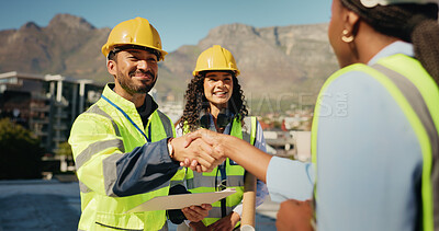Buy stock photo City, shaking hands or happy people in engineering project for funding, deal or construction. Architecture, safety approval or women in handshake agreement for property, teamwork or development