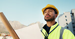Blueprint, thinking and engineering with man in city for progress report, architecture and contractor. Floor plan, construction site and building schedule with person outdoor for renovation project