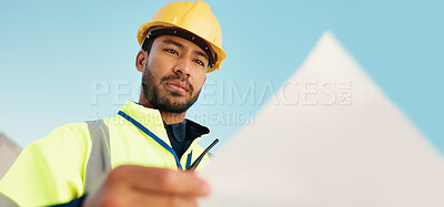 Buy stock photo Asian man, contractor and reading with documents for construction plan or building blueprint. Outdoor, civil engineer or builder with paperwork below for industrial maintenance or project design