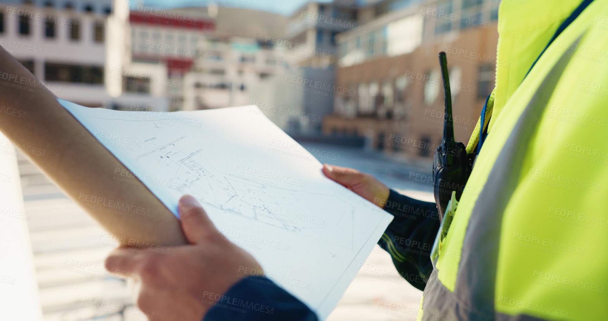 Buy stock photo Person, hands and architect with blueprint for rooftop construction or floor plan on site in city. Contractor, documents or paperwork with layout for industrial development or maintenance in town