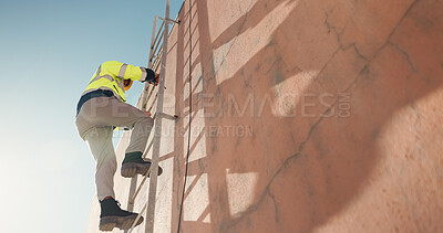 Buy stock photo Wall, technician and man climbing on ladder for installation, building or outdoor construction. Climb, back or low angle of cable contractor moving up on steps for electrical checkup or mockup space