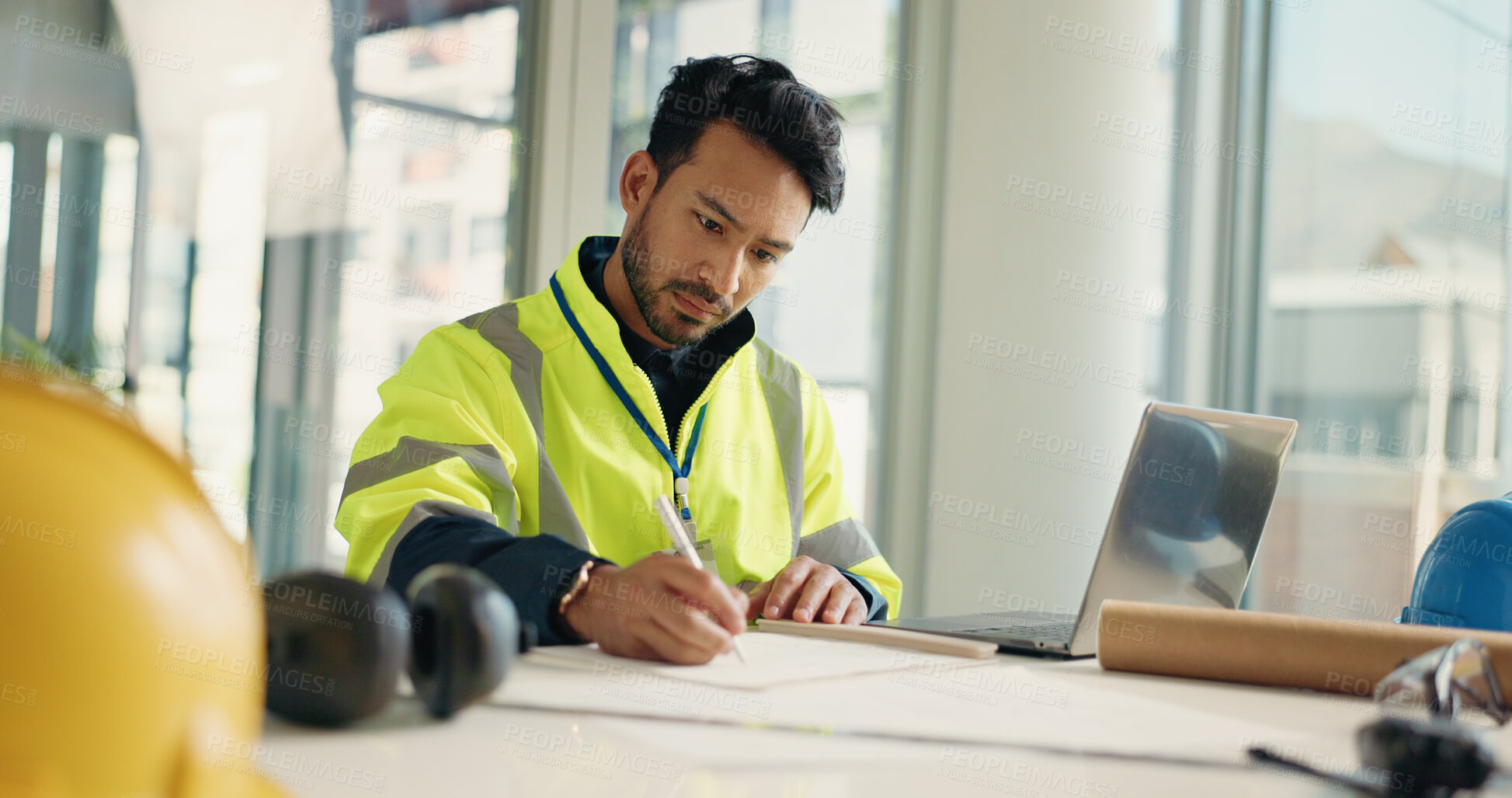 Buy stock photo Office, man and contractor drawing blueprint for draft, architecture project and construction. Floor plan, engineering and builder sketching for real estate, property development and model design