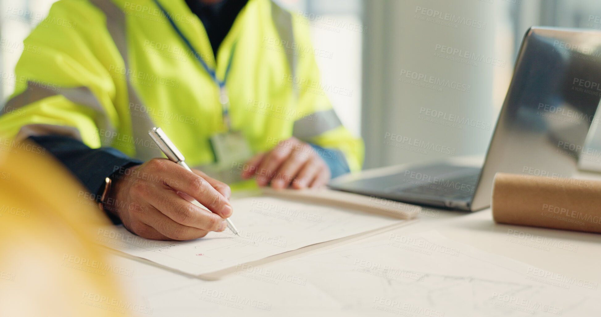 Buy stock photo Office, hands and contractor drawing blueprint for draft, architecture project and construction. Floor plan, engineering and man sketching for real estate ideas, property development and model design