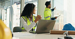 Architecture, conversation and business people in office, laptop and planning with collaboration. Civil engineering, design and employees in workplace, pc or brainstorming with schedule for project