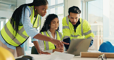 Buy stock photo Architecture, conversation and people with teamwork, laptop and planning for construction project. Engineering, women or employees in office, computer or collaboration with design, talk or floor plan